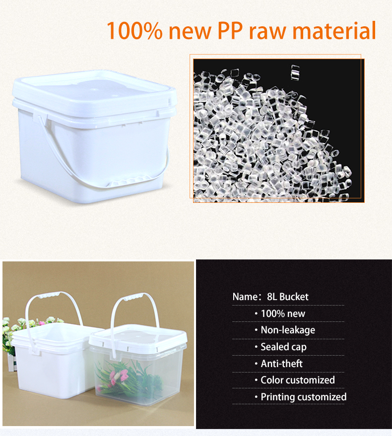 Customized Printing Injection Moulding Square Plastic Bucket With Lid White Logo Design