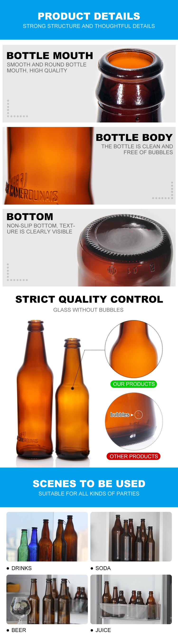 Hot Sale 200ml 375ml 500ml 750ml 1000ml Glass Beer Bottle for Home Brew