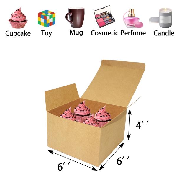 Square Recyclable Paper Kraft Cardboard Gift Boxes 6x6x4 Inch For Bakery Cupcake