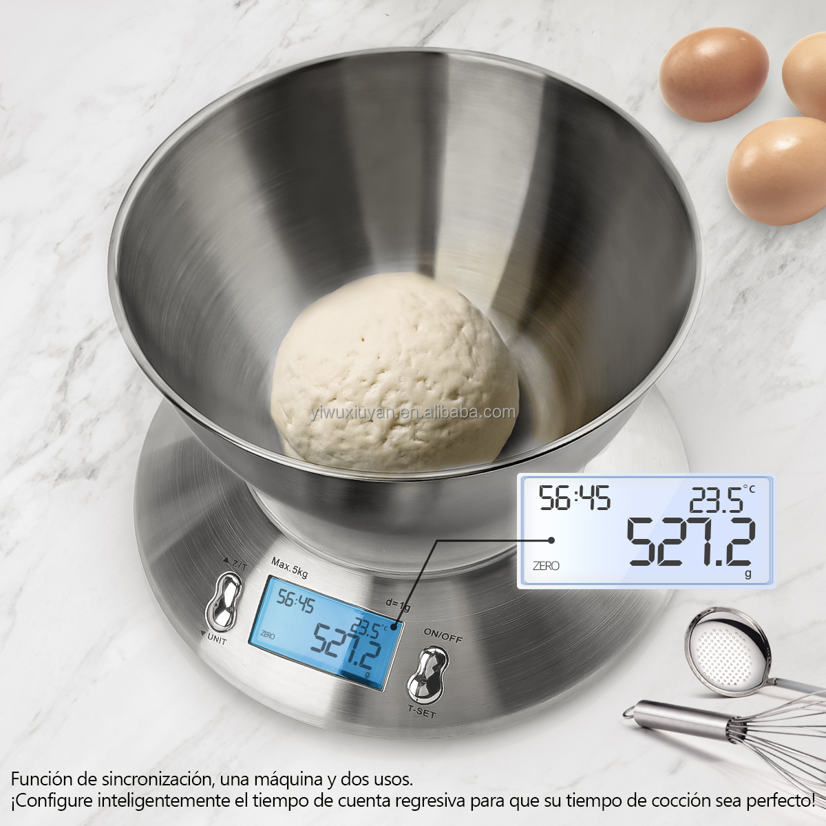 Stainless Steel Digital Kitchen Scale High Accuracy 5kg/1g with Removable Knead Dough Bowl and Room Timer Battery Powered