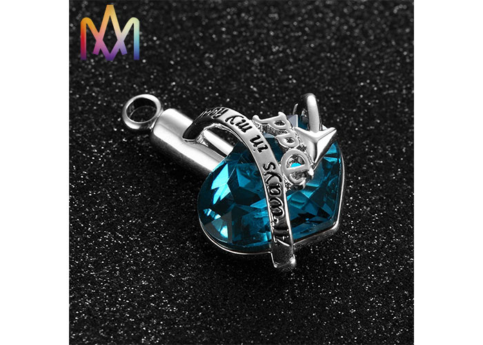 No Tarnish Blue Heart Diamond Cremation Engraved Necklace Charms