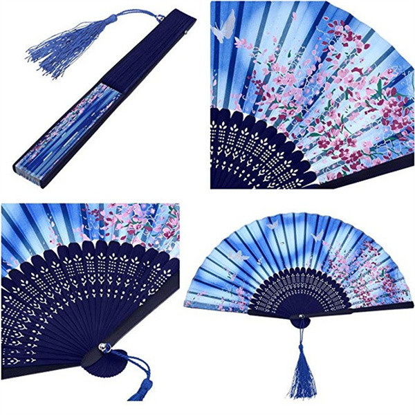 Decorative Silk Foldable Hand Fans open 38cm Bamboo Hand Fan With Butterfly Flower