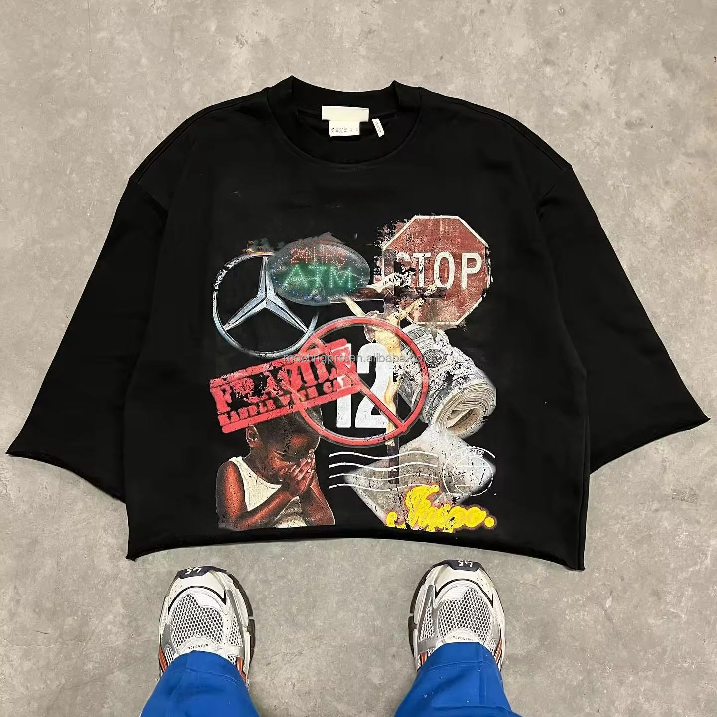 Printed Cropped Mens T Shirt Colorful 100% Cotton Heavyweight Printed Graphic 3/4 Sleeve