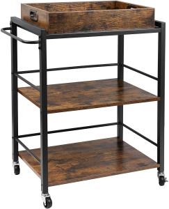 China Food Serving Oak Wood Catering Modern Kitchen Cart Trolley 3 Tier Rustic Brown wholesale