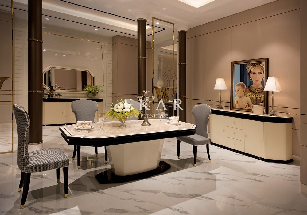 Luxury High End Design Fabric Chair Marble Top Dining Table Set W005D1C-S