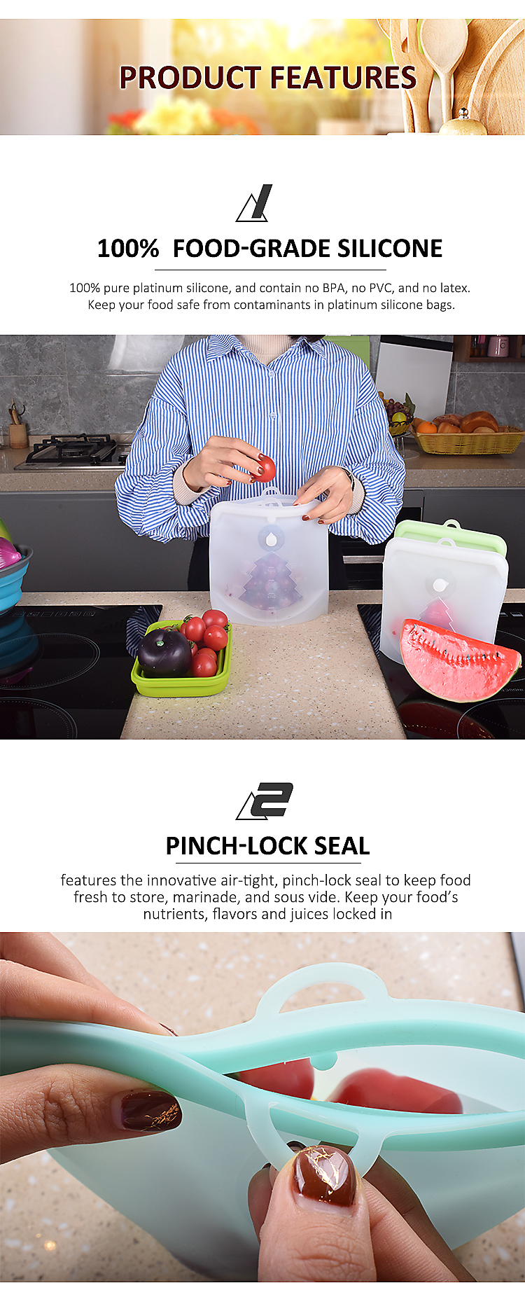 Airtight Silicone Food Pouches 1500ml Reusable Silicone Bags For Sandwich Snack
