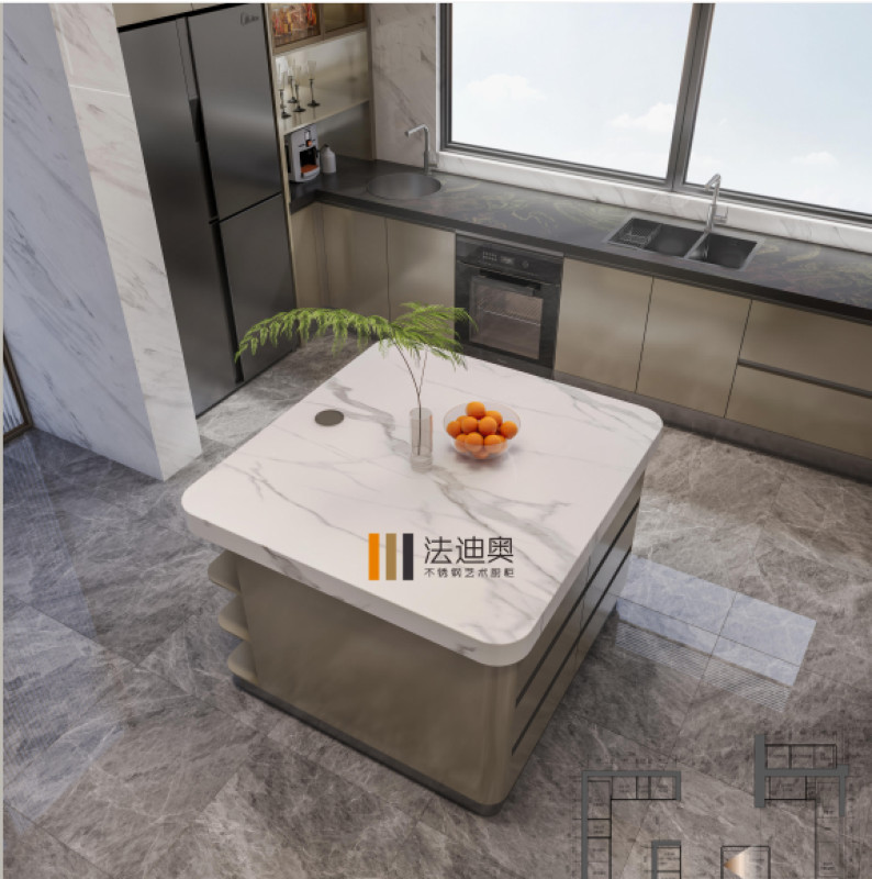 Full Encompassing Modern Kitchen Cabinet With Mica Brown Finish And Central Square Island