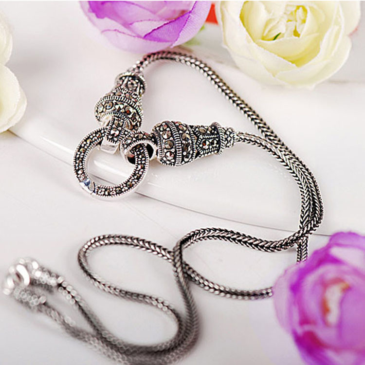 925 Sterling Silver Wheat Chain Necklace Thai Vintage Marcasite Necklace (N111701)