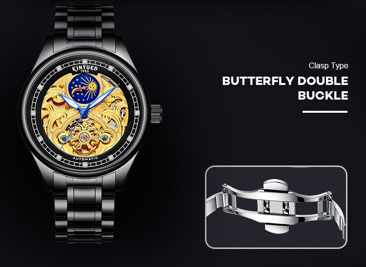 KINYUED popular stainless steel classical automatic luminous hands mens automatic skeleton watch