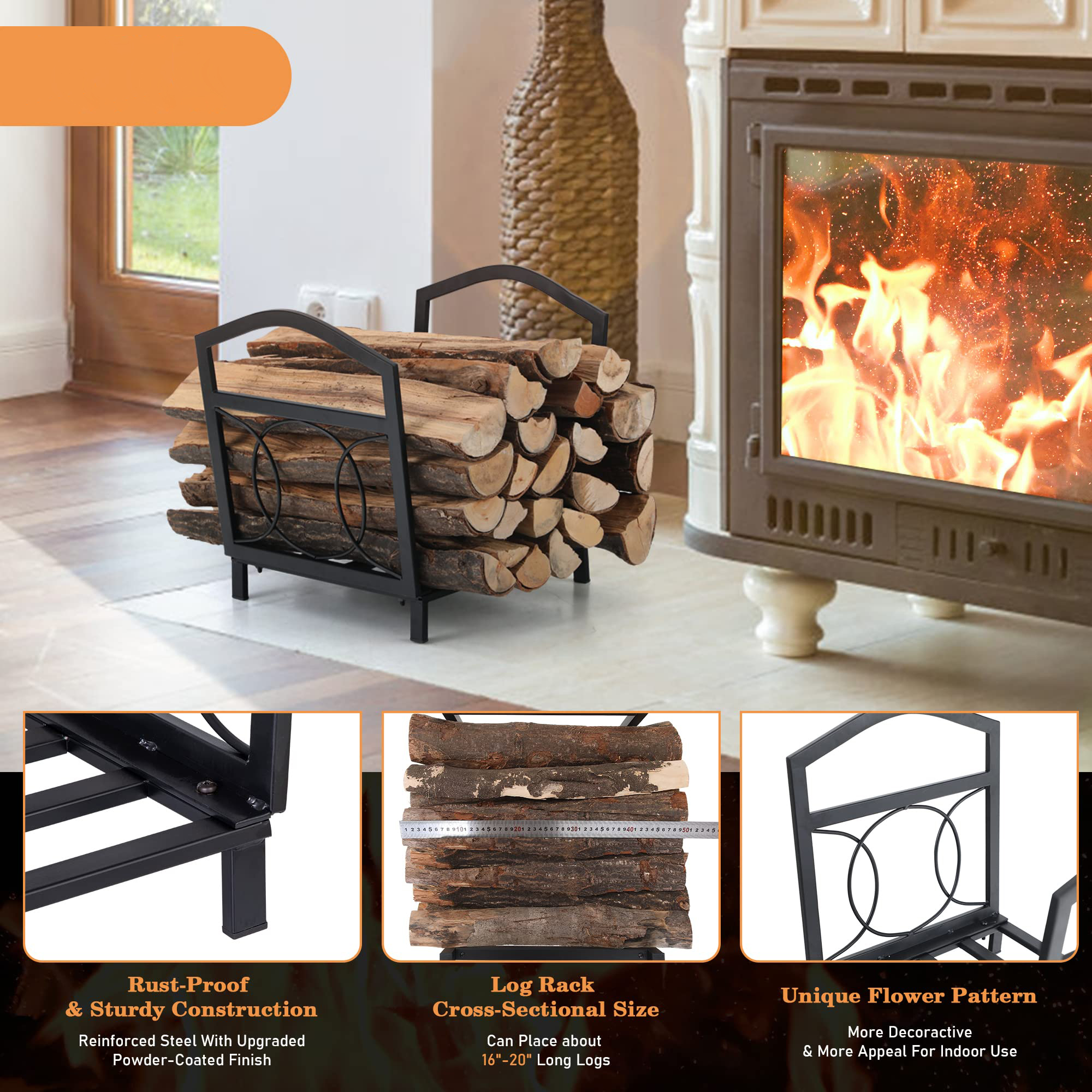17"L X 13"W X 16"H Small Firewood Log Holder Outdoor Steel Wood Storage Fireplace