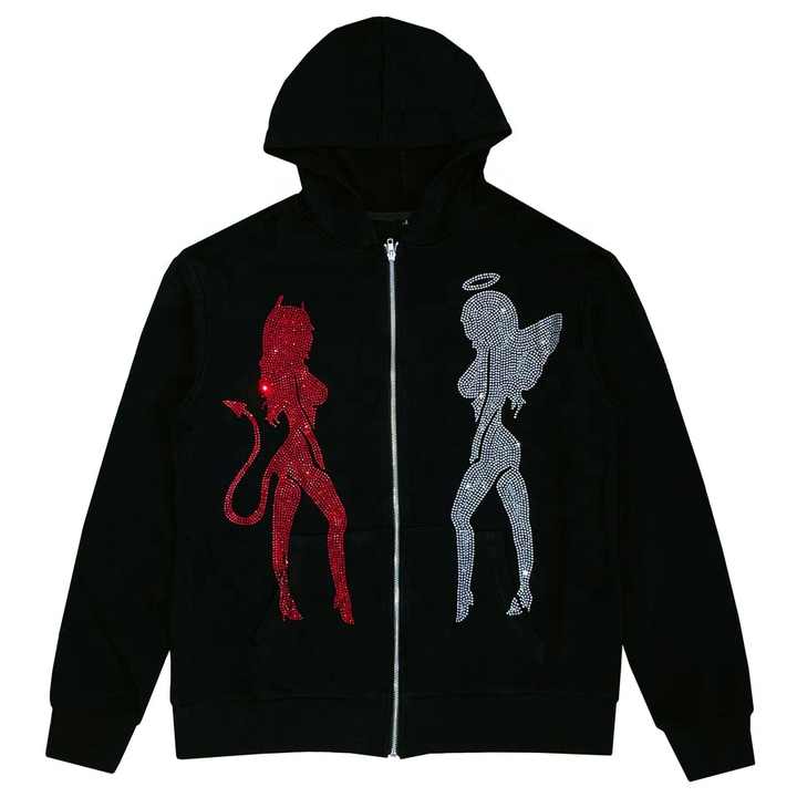 700 grams Heavyweight Rhinestone Zipper Men's Hoodies Sweatshirts Full Zip Up Hoodie