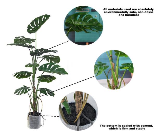 Plastic Artificial Potted Floor Plants Golden Monstera Tree Table Centerpiece