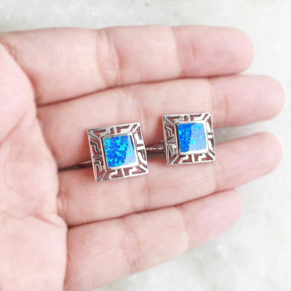 925 With Sterling Silver Greek Bule Opal Meander And Emerald Square Cufflink Earrings