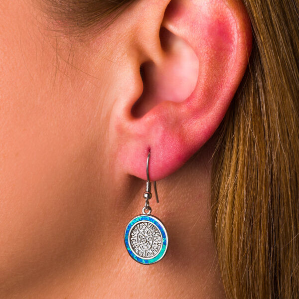 925 With Sterling Silver Greek Key Blue Meander Opal Phaistos Disc Dangle Women Earrings