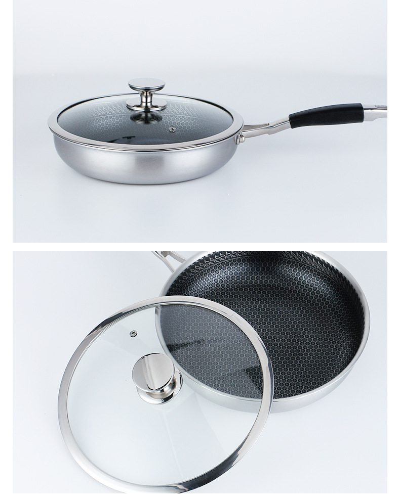 Custom Logo 304 Stainless Steel Frypan Non Stick Universal Oil Free With Glass Lid