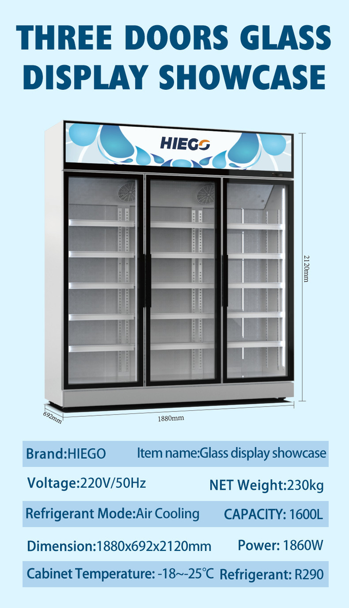 Air Cooling Double Glass Door Display Chiller 980L R290 Single Temperature