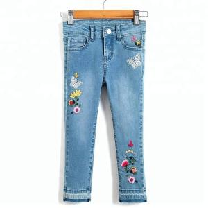 China Long Kids Denim Clothes Baby Girl Denim Pants With Flower Embroidered Decor wholesale
