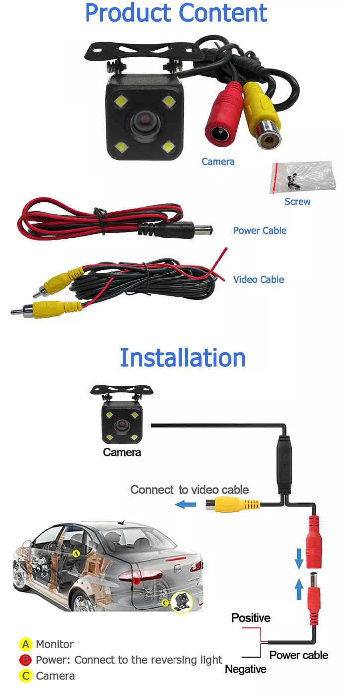LED HD Night 360 Bird View Camera Wide Angle View Car Rear Camera With Wires