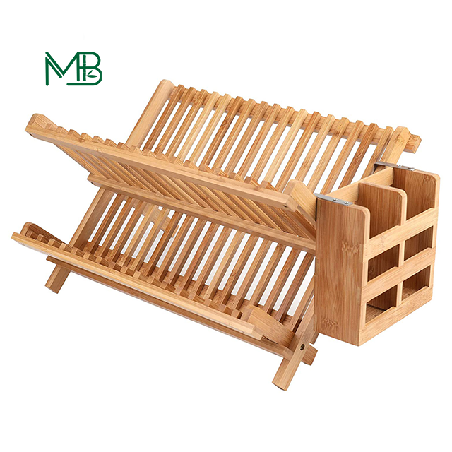 BAMBOO Rectangle Folding Plates Cups Stand Holder Collapsible Dish Drying Drainer Rack