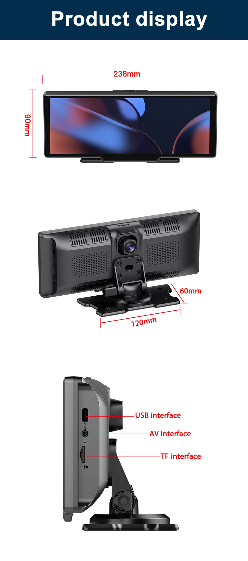 Dual Lens HD1080P Android Mp5 Carplay Dvd Player 10in Touch Screen 2.5K