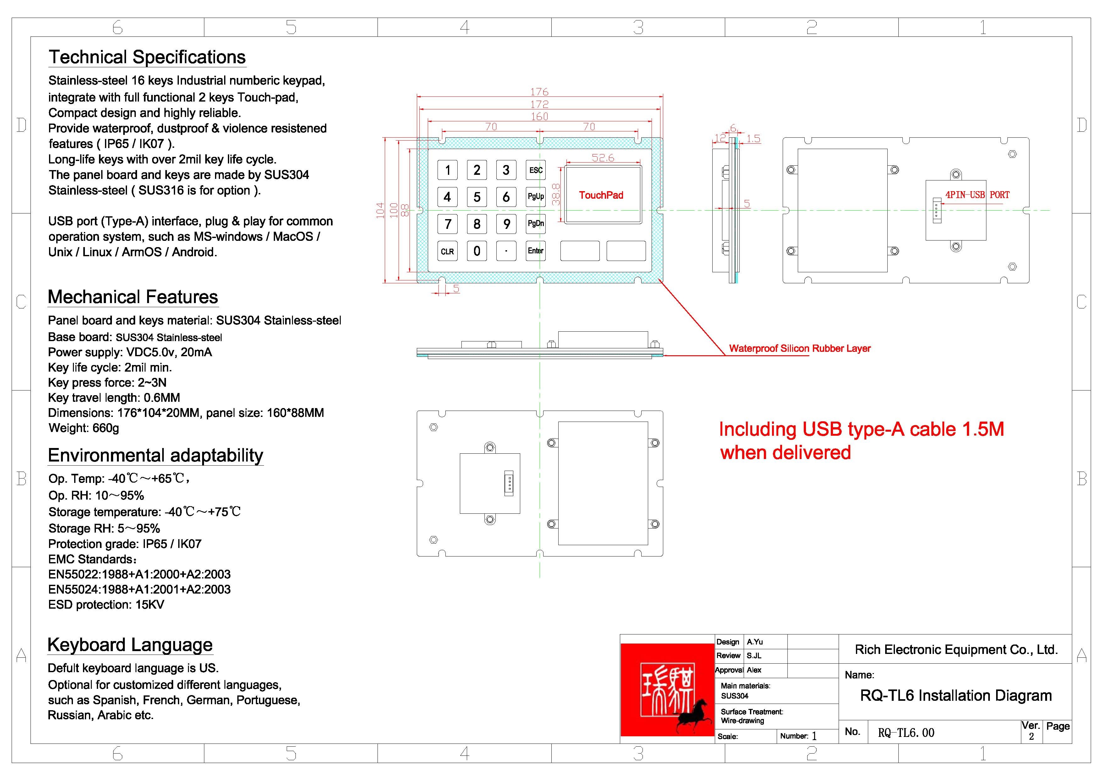 IP65/IK07 Waterproof/Dustproof Industrial Stainless steel Keypad integrate with TouchPad USB interface Rear Panel Mounted
