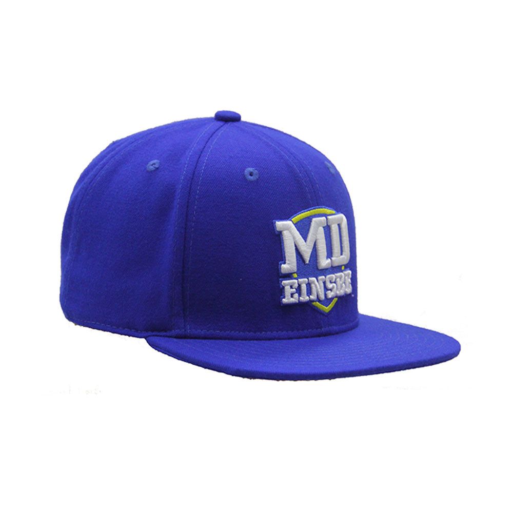 Promotional Hat Custom Blue Flat Brim Snapback Plastic Closure 6 Panels Wool Cap with 3D Embroidery blue