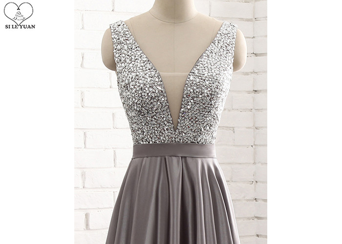 Gray Pink A Line Ball Gown No Arm Backless Design Diamond Beading Satin Fabric