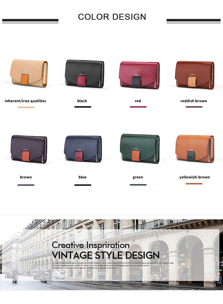 Vegetable Tanned Leather Short ID Card Holder for Cowhide Change Coin and Open Closure