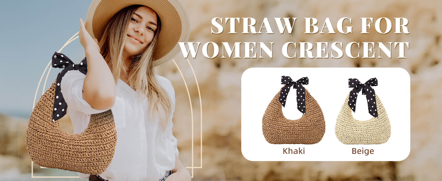Straw Bag for Women Crescent Summer Beach Tote Purse Soft Raffia Woven Hobo Bag Shoulder Handbag