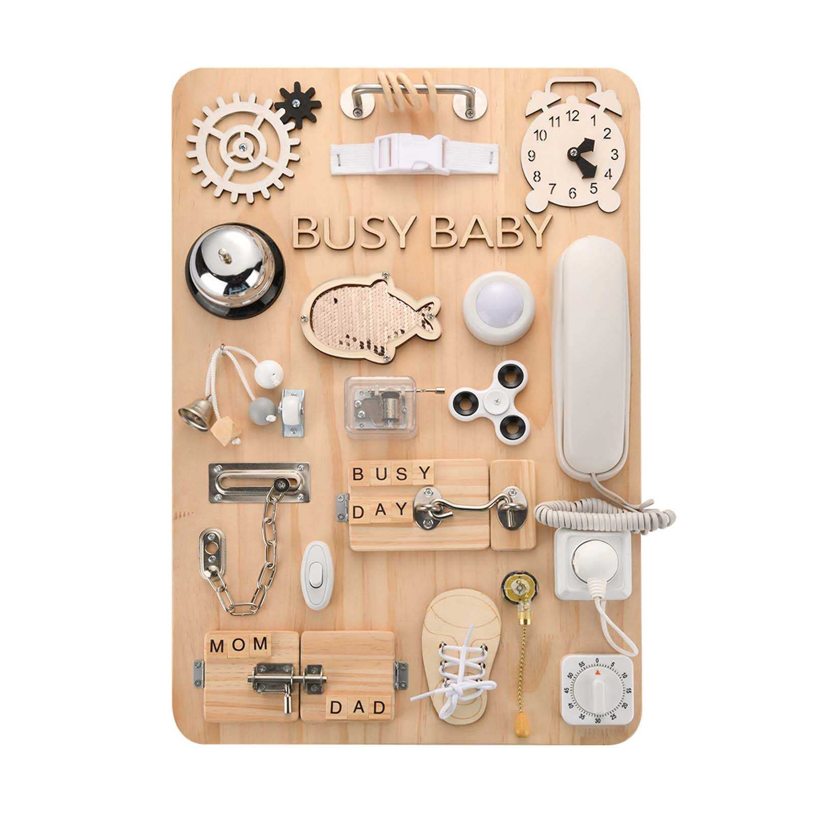 Wooden Handmade Baby Activity Boards Featuring Keys Lock Latches and Time Telling Clock