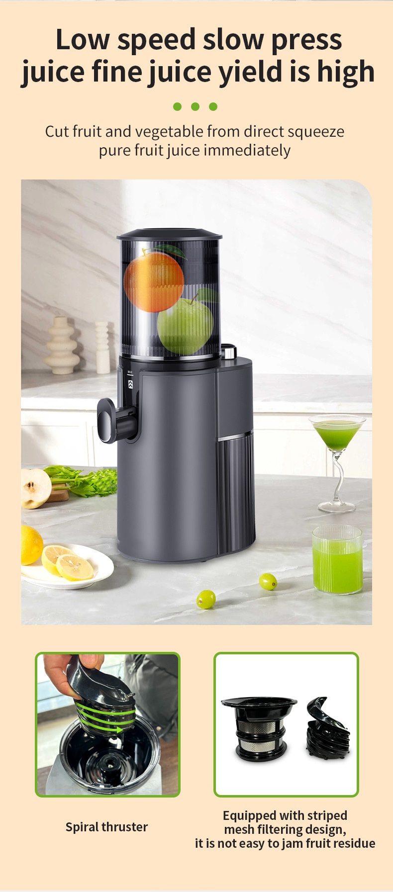 Original Fruit Vegetable Juice Cold Press Slow Juicer Machine with NO App-Controlled