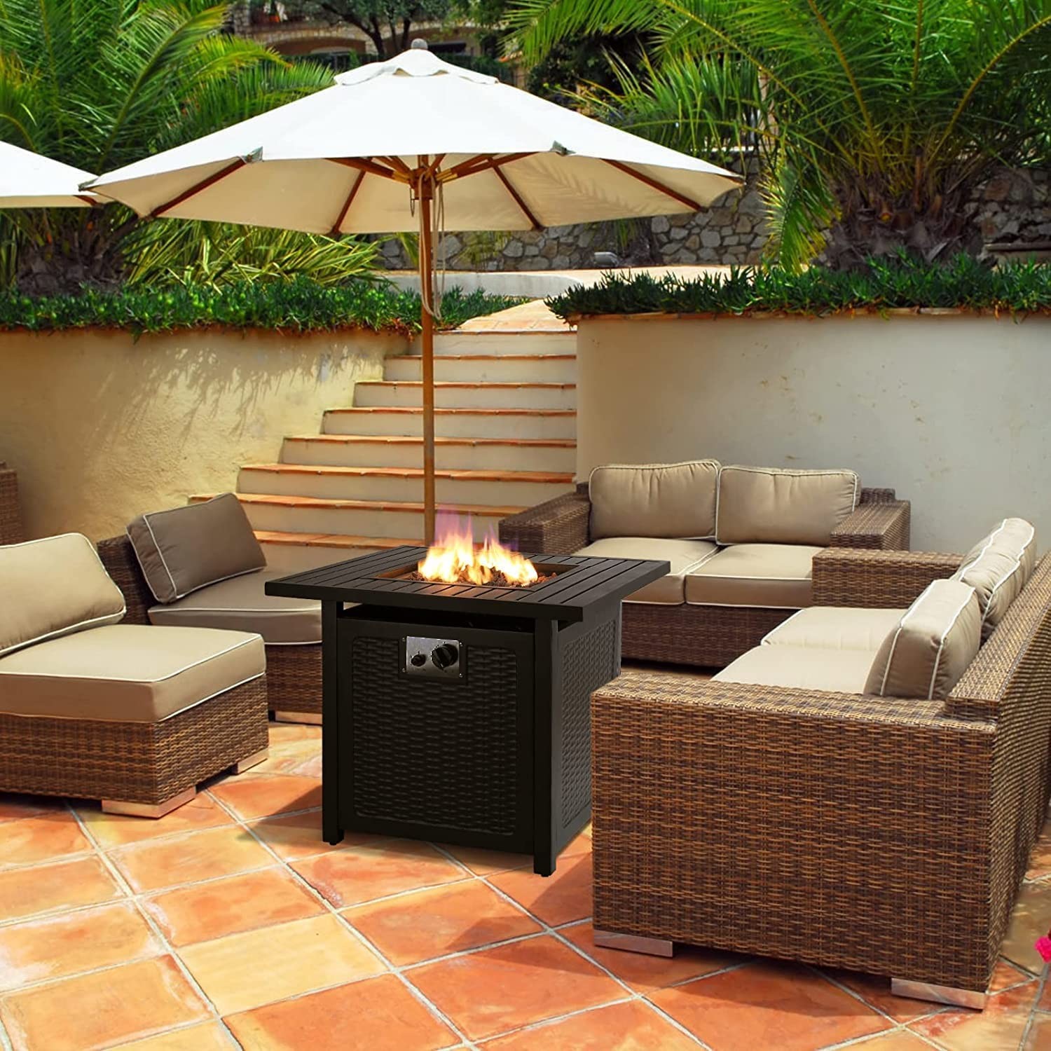 Rattan Style Outdoor Gas Firepit 28'' Square Patio Propane Gas Black