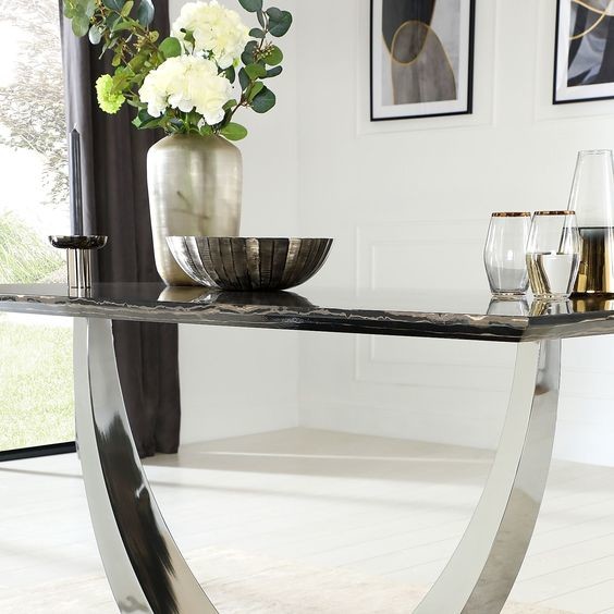 Stainless Steel Silver Black Marble Top Dining Table Set Luxury Modern Dining Tables 150X90X75