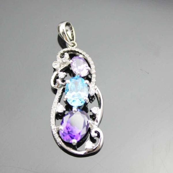 925 Silver Jewelry Oval Mix Blue Red Cubic Zircon Three Stones Pendant Necklace (PSJ0378)