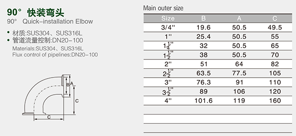 DN20-DN300 Sanitary Stainless Steel 304/316 Tri-Clamp 90 Degree Elbow and Long-Lasting