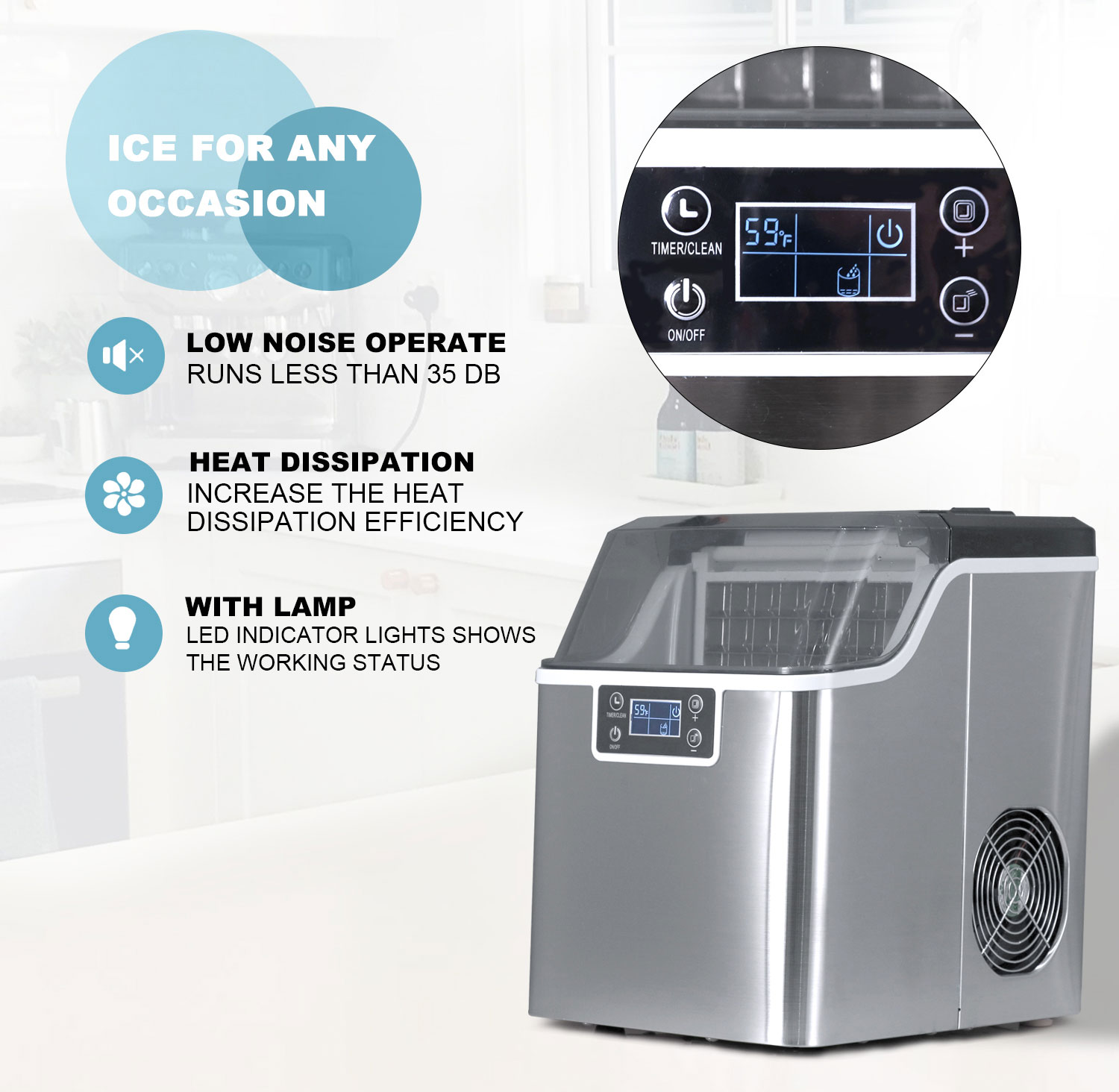 Stainless Steel Countertop Ice Maker 20kg Mini Portable Ice Cube Block Production for Food and Beverage