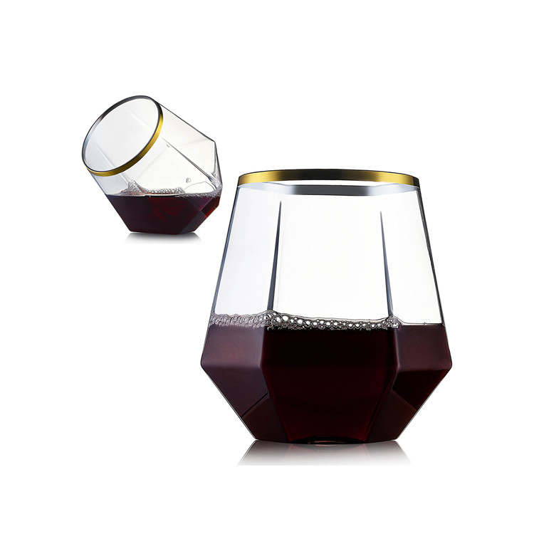 Cocktail Whiskey Diamond Stemless Plastic Wine Glasses 12oz Gold Rim