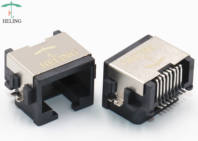 Brass Shielded Low Profile RJ45 , Tab Up Female Lan SMT Connector RJ45 Waterproof