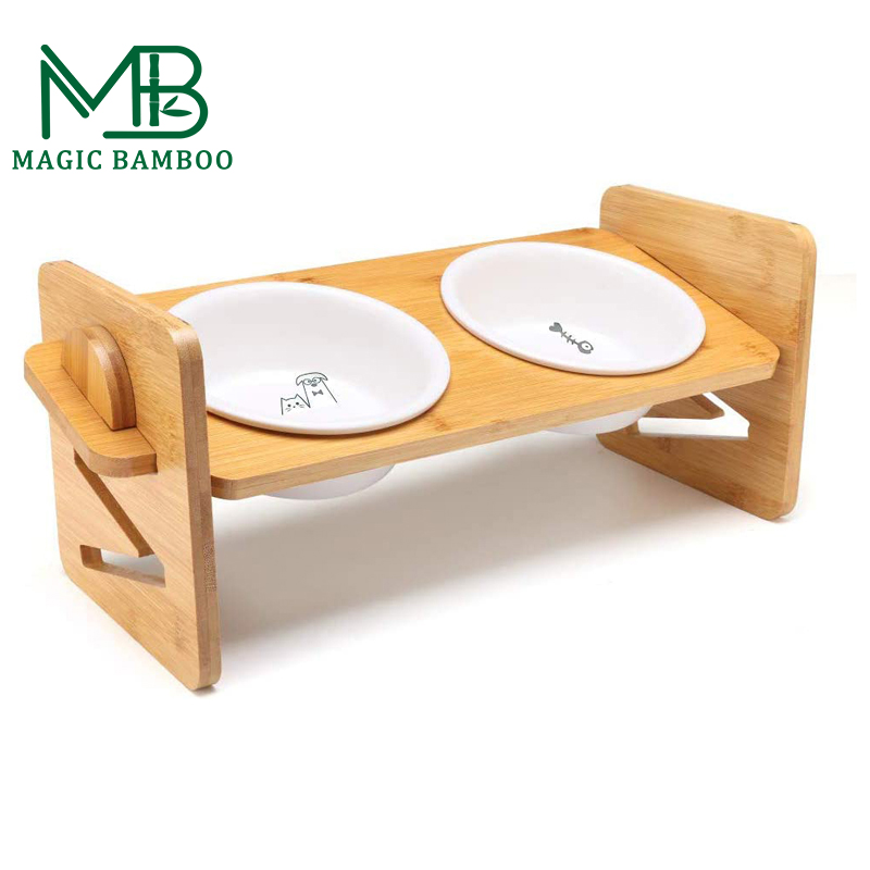 Pet Feeding Food Made Stylish Solid Bamboo Elevated Feeder Stand with Ceramic Bowl