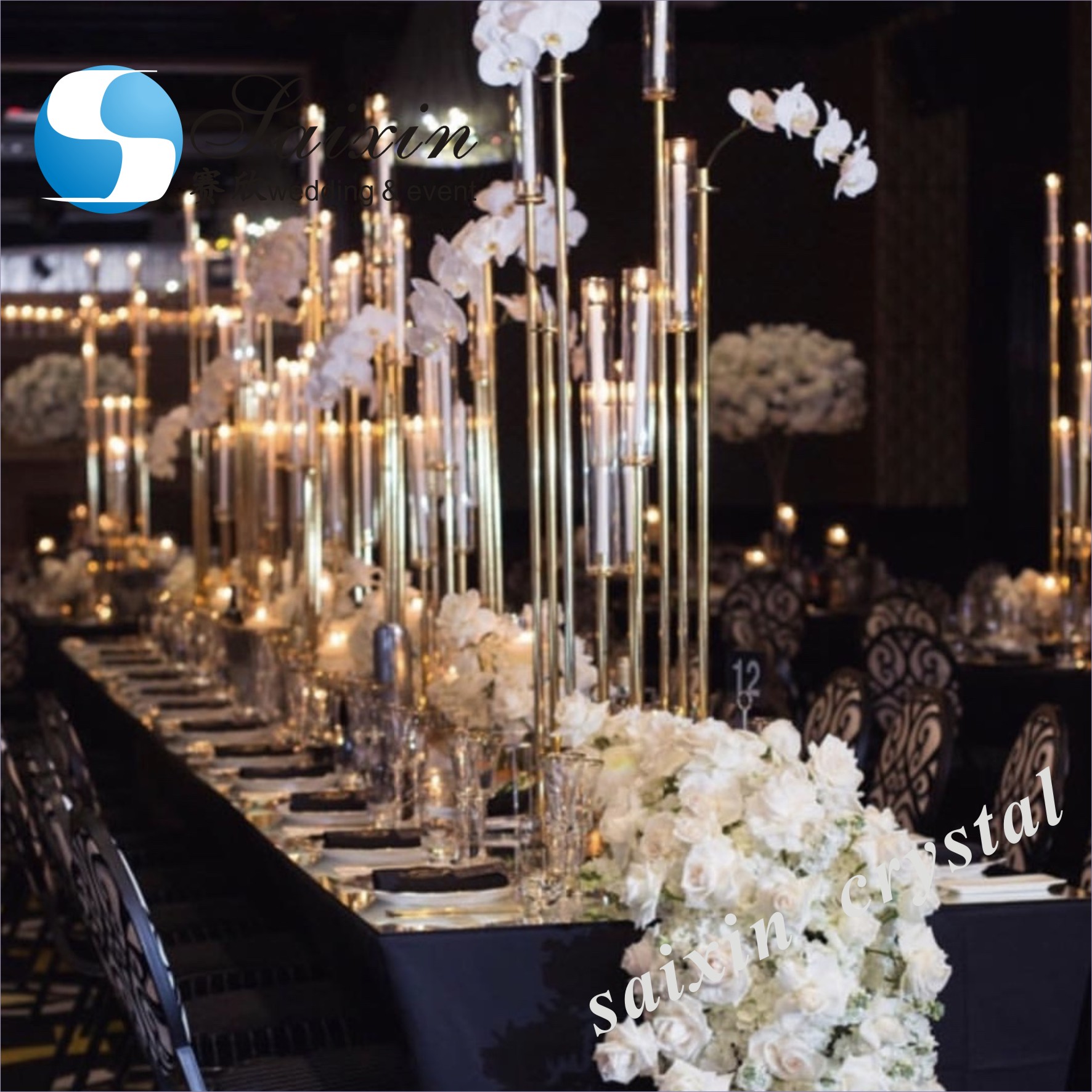 Wholesale long stem black crystal candelabra for wedding centerpiece