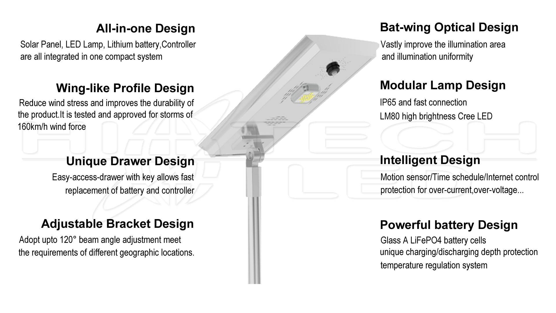 Hitechled 30w All-in-one Solar Street Light with drawer, Lámpara LED solar de calle, Lampadaire Solaire Tout en Un