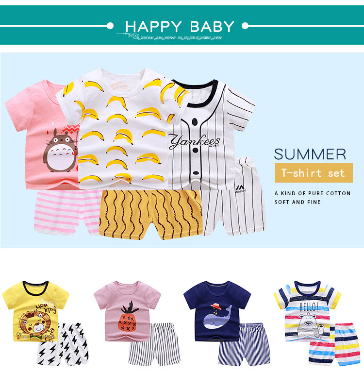 Summer Kids Pajama Set Plain Animal Short Sleeve Tee And Shorts