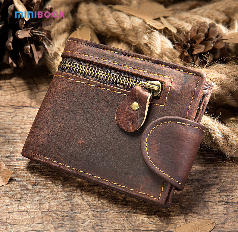 Customize Logo Design Short Men's Wallet in Genuine Leather with Zipper Closure