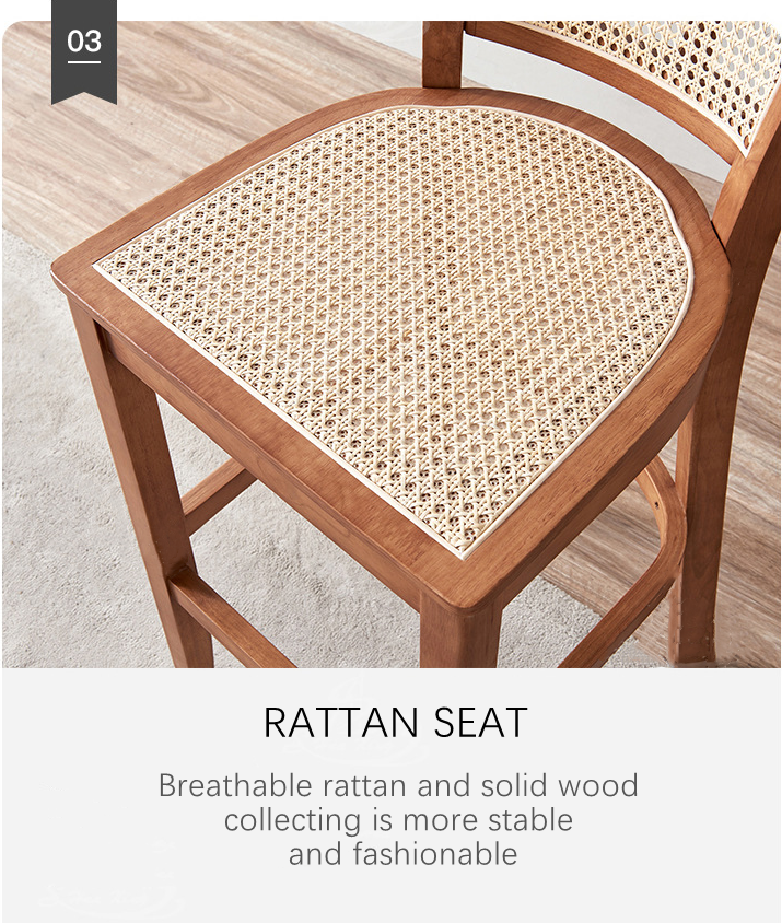 Custom Kitchen Bar Chair Solid Wood Leg Cane Counter Stool 43cm*43cm*109cm Weight Limit 100KG