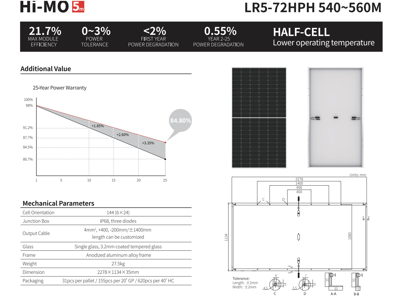 540w Mono Solar Panel Half Cell 182x182mm Silicon PV Module Hi Mo Longi Lr5 72hph 540m