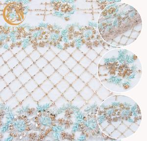 China Popular Sequin Lace Fabric 140cm Width Handmade Green Lace Material wholesale