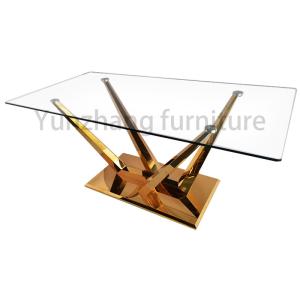 China Unique Clear Glass Dining Table Golden SS201 Base For Family Use wholesale