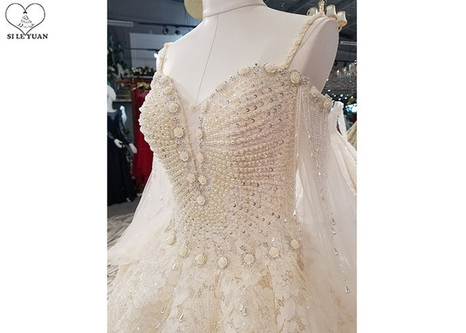 Luxury Champagne Ladies Bridal Gown , Tulle Lantern Long Sleeve Bridal Dresses