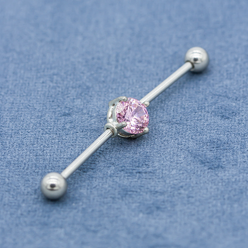 Pink Zircon Stone Industrial Bar Jewelry 40mm Surgical Steel Piercings
