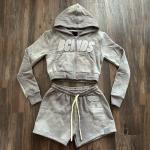 Women Distressed Two Piece Hoodie Set Cotton Tracksuits Embroidery Patch
